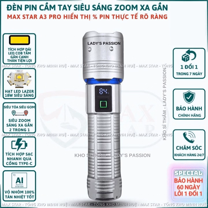 Đèn Pin Cầm Tay Siêu Sáng Zoom Xa Gần Max Star A3 Pro Hiển Thị Pin Tích Hợp Sạc Nhanh Chống Nước Ipx7 Siêu Sáng Xa 500M Gd212 - Lady'S Passion