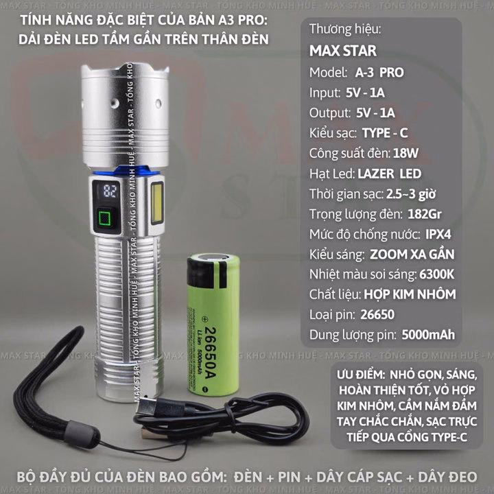 Đèn Pin Cầm Tay Siêu Sáng Zoom Xa Gần Max Star A3 Pro Hiển Thị Pin Tích Hợp Sạc Nhanh Chống Nước Ipx7 Siêu Sáng Xa 500M Gd212 - Lady'S Passion - Ảnh 9