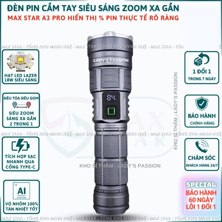 Đèn Pin Cầm Tay Siêu Sáng Zoom Xa Gần Max Star A3 Hiển Thị Pin Tích Hợp Sạc Nhanh Chống Nước Ipx7 Siêu Sáng Xa 500M Gd213 - Lady'S Passion