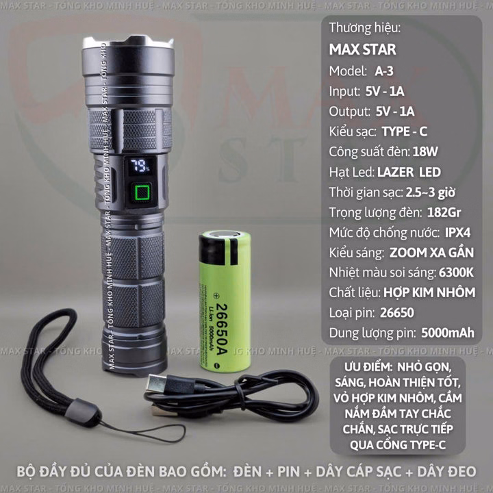 Đèn Pin Cầm Tay Siêu Sáng Zoom Xa Gần Max Star A3 Hiển Thị Pin Tích Hợp Sạc Nhanh Chống Nước Ipx7 Siêu Sáng Xa 500M Gd213 - Lady'S Passion - Ảnh 11