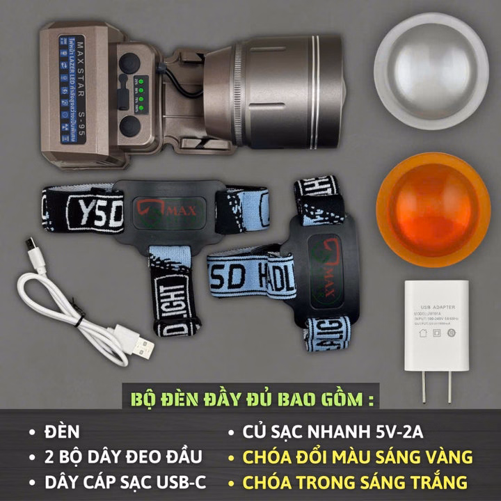 Đèn Pin Đội Đầu Siêu Sáng Max Star S95 Zoom Sáng Xa Gần Công Suất 42W Soi Xa 1200 Mét, Đèn Đội Đầu Pin Trâu Gd216 - Lady'S Passion - Ảnh 3