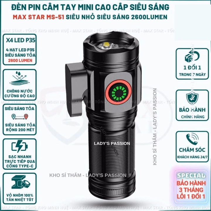 Đèn Pin Cầm Tay Mini Siêu Sáng Max Star Ms51 Vỏ Nhôm Chống Nước Ipx7 Độ Sáng Tối Đa 2600 Lumen Soi Sáng Liên Tục ~5 Giờ Gd217 - Lady'S Passion