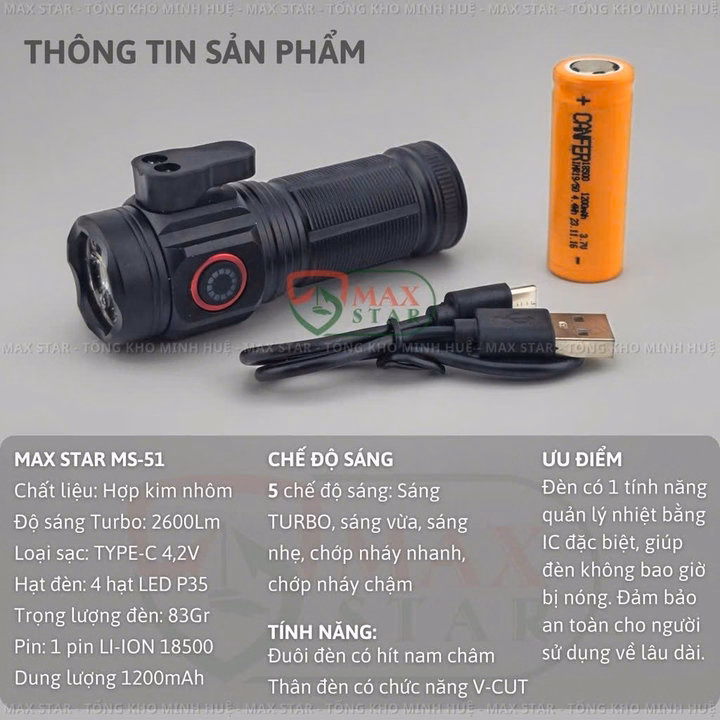 Đèn Pin Cầm Tay Mini Siêu Sáng Max Star Ms51 Vỏ Nhôm Chống Nước Ipx7 Độ Sáng Tối Đa 2600 Lumen Soi Sáng Liên Tục ~5 Giờ Gd217 - Lady'S Passion - Ảnh 4