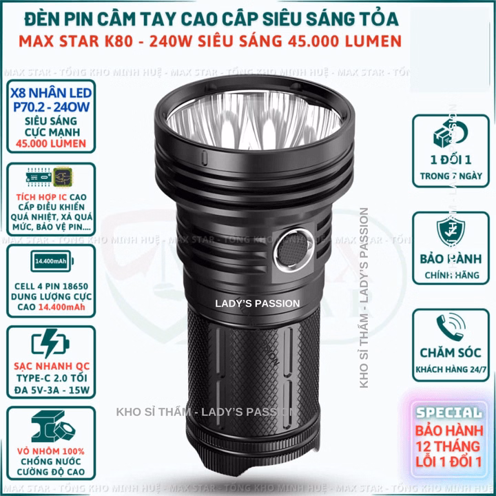 Đèn Pin Cầm Tay Siêu Sáng 45000 Lumen Max Star K80 Công Suất 240W Cao Cấp Chính Hãng Dung Lượng Pin 14400Mah Gd218 - Lady'S Passion