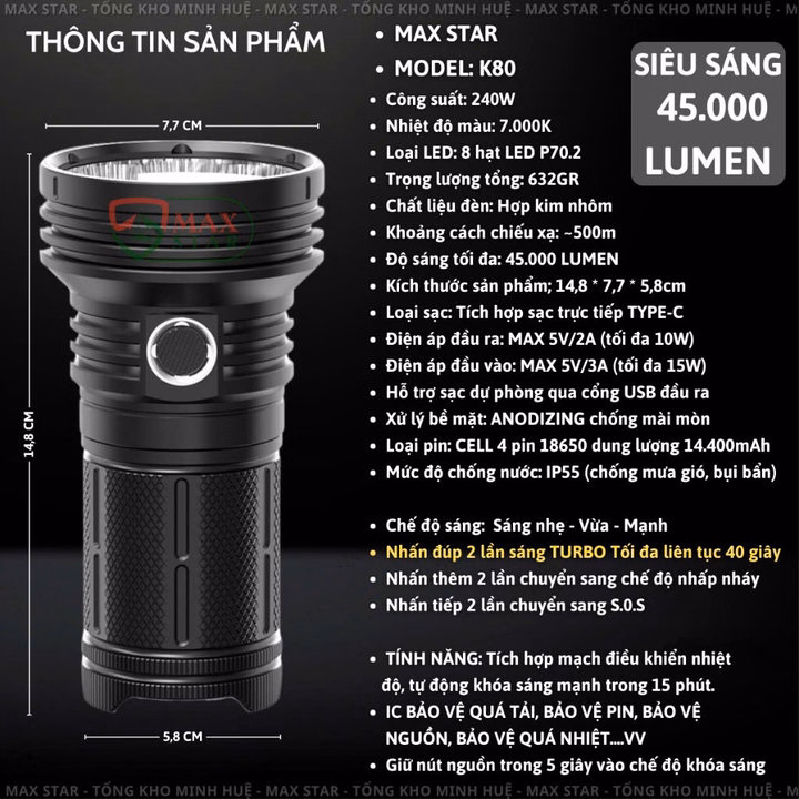 Đèn Pin Cầm Tay Siêu Sáng 45000 Lumen Max Star K80 Công Suất 240W Cao Cấp Chính Hãng Dung Lượng Pin 14400Mah Gd218 - Lady'S Passion - Ảnh 7