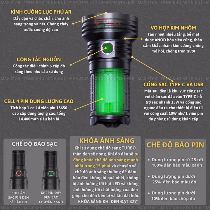 Đèn Pin Cầm Tay Siêu Sáng 45000 Lumen Max Star K80 Công Suất 240W Cao Cấp Chính Hãng Dung Lượng Pin 14400Mah Gd218 - Lady'S Passion - Ảnh 9