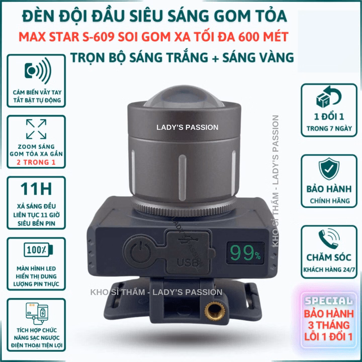 Đèn Pin Đội Đầu Siêu Sáng Max Star S609 Zoom Xa Gần Gom Tỏa, Pin Trâu, Cảm Biến Sạc Ngược Cho Điện Thoại Đa Năng Cao Cấp Gd219 - Lady'S Passion