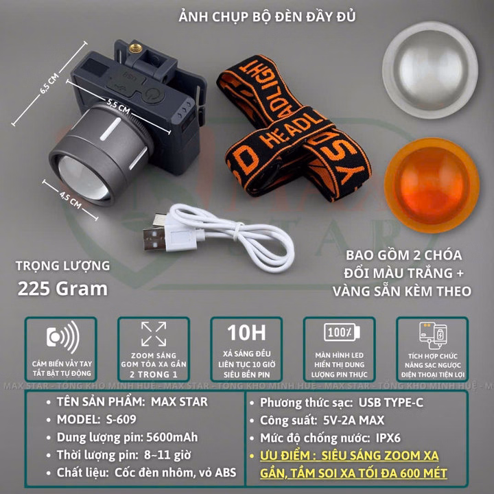 Đèn Pin Đội Đầu Siêu Sáng Max Star S609 Zoom Xa Gần Gom Tỏa, Pin Trâu, Cảm Biến Sạc Ngược Cho Điện Thoại Đa Năng Cao Cấp Gd219 - Lady'S Passion - Ảnh 11