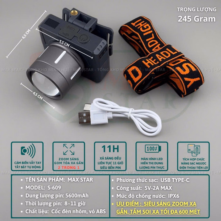 Đèn Pin Đội Đầu Siêu Sáng Max Star S609 Zoom Xa Gần Gom Tỏa, Pin Trâu, Cảm Biến Sạc Ngược Cho Điện Thoại Đa Năng Cao Cấp Gd219 - Lady'S Passion - Ảnh 10