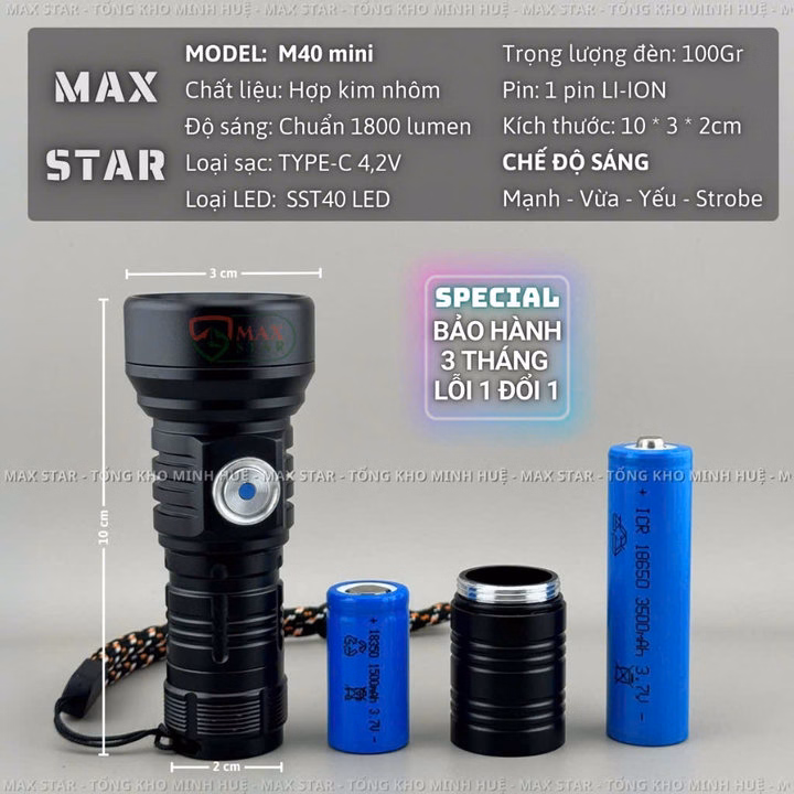 Đèn Pin Cầm Tay Mini Siêu Sáng Gom Pha Max Star M40 Vỏ Nhôm Chống Nước Ipx7 Led Sst40 Cao Cấp Gd220 - Lady'S Passion - Ảnh 3