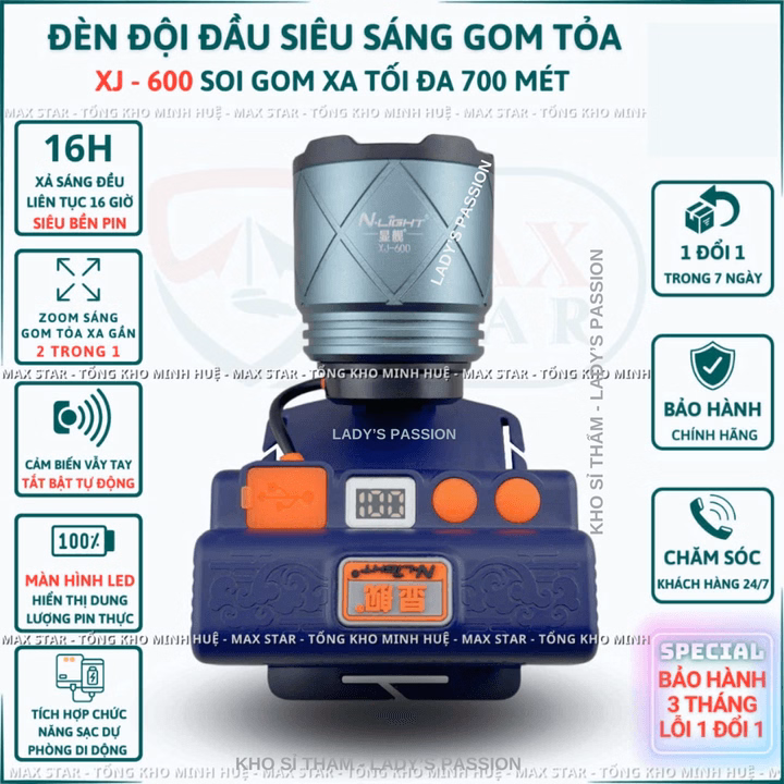 Đèn Pin Đội Đầu Siêu Sáng Xj600 Zoom Xa Gần Gom Tỏa Pin Trâu Cảm Biến Sạc Ngược Cho Điện Thoại Đa Năng Cao Cấp Gd221 - Lady'S Passion