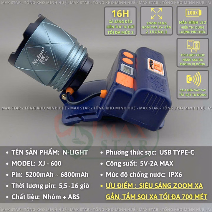 Đèn Pin Đội Đầu Siêu Sáng Xj600 Zoom Xa Gần Gom Tỏa Pin Trâu Cảm Biến Sạc Ngược Cho Điện Thoại Đa Năng Cao Cấp Gd221 - Lady'S Passion - Ảnh 10