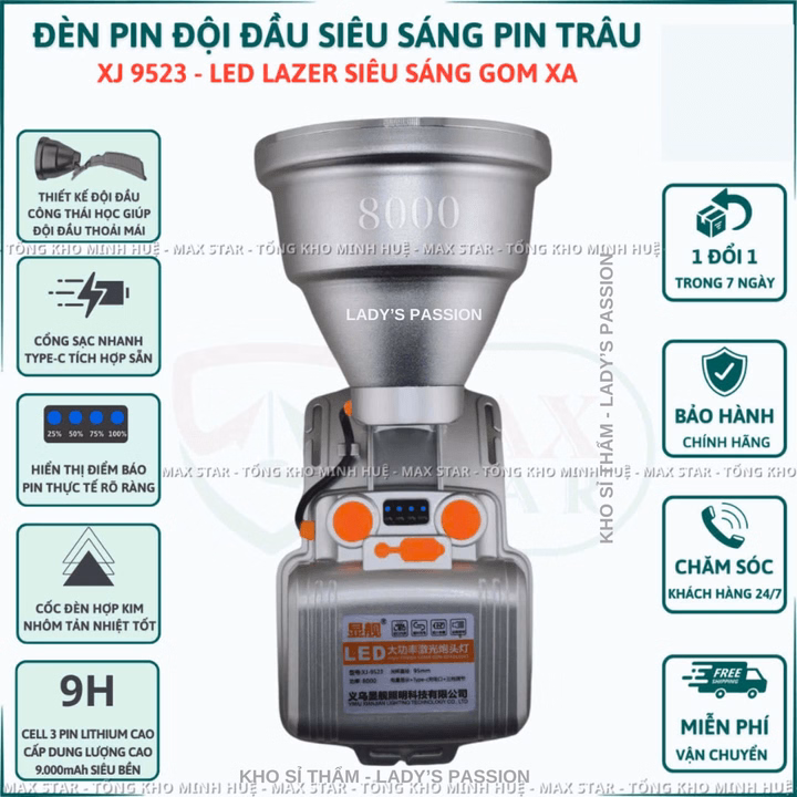 Đèn Pin Đội Đầu Siêu Sáng Xj9523 Chiếu Xa 1000M Tích Điện 10 Giờ Đổi 3 Màu Tặng Kèm Dây Đeo Đầu Thay Thế Gd222 - Lady'S Passion
