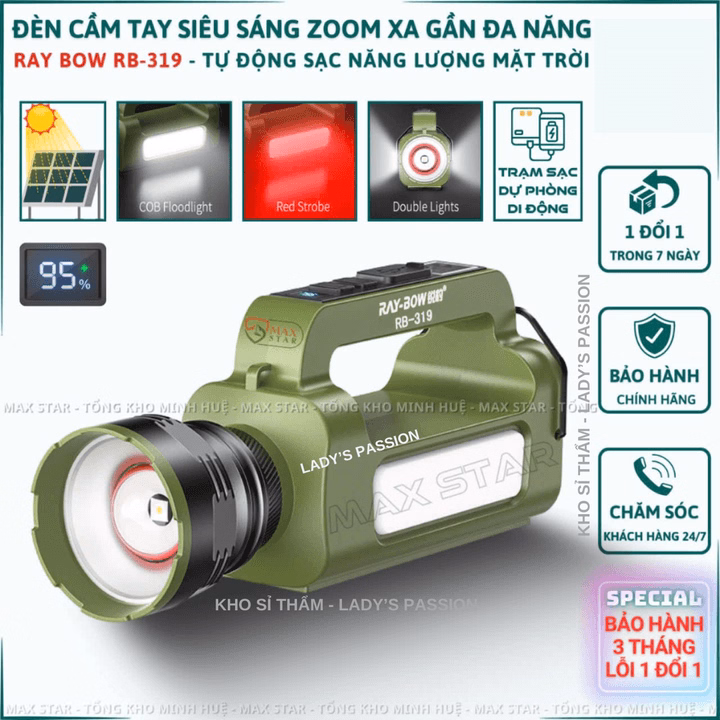 Đèn Pin Cầm Tay Siêu Sáng Ray Bow Rb 319 Zoom Sáng Gom Tỏa Xa Gần, Pin Dung Lượng Cao, Sạc Năng Lượng Mặt Trời Gd224 - Lady'S Passion