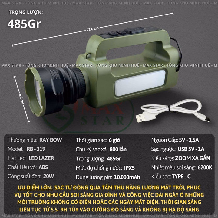Đèn Pin Cầm Tay Siêu Sáng Ray Bow Rb 319 Zoom Sáng Gom Tỏa Xa Gần, Pin Dung Lượng Cao, Sạc Năng Lượng Mặt Trời Gd224 - Lady'S Passion - Ảnh 9