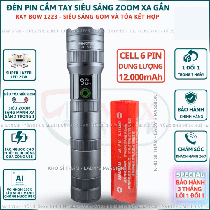 Đèn Pin Cầm Tay Siêu Sáng Raybow 1223 Pin Siêu Trâu 12000Mah Soi Gom Tỏa Xa Gần Chống Nước Vỏ Nhôm Chất Lượng Cao Gd226 - Lady'S Passion