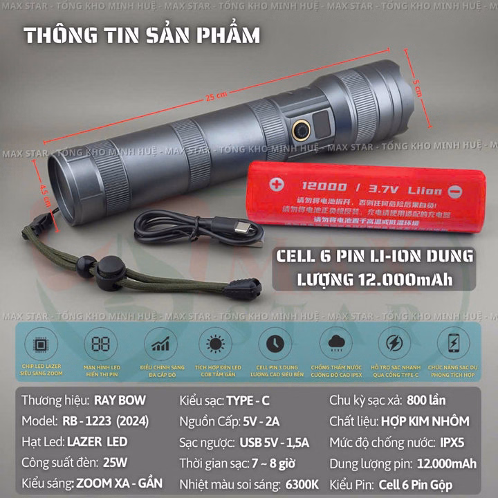 Đèn Pin Cầm Tay Siêu Sáng Raybow 1223 Pin Siêu Trâu 12000Mah Soi Gom Tỏa Xa Gần Chống Nước Vỏ Nhôm Chất Lượng Cao Gd226 - Lady'S Passion - Ảnh 2