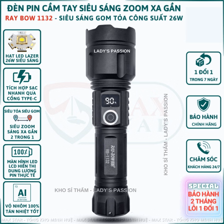 Đèn Pin Cầm Tay Raybow 1132 Siêu Sáng Zoom Xa Gần Sạc Ngược Cho Điện Thoại Chip Led Công Suất 26W Gd227 - Lady'S Passion