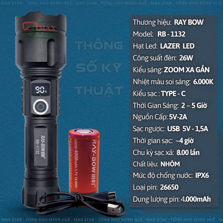 Đèn Pin Cầm Tay Raybow 1132 Siêu Sáng Zoom Xa Gần Sạc Ngược Cho Điện Thoại Chip Led Công Suất 26W Gd227 - Lady'S Passion - Ảnh 3
