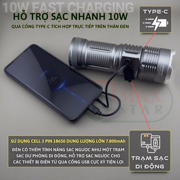 Đèn Pin Max Star No1 Pro Max Cầm Tay Siêu Sáng Chiếu Xa 750 Mét Zoom Sáng Xa Gần Chống Nước Sạc Ngược Cho Điện Thȯại Gd228 - Lady'S Passion - Ảnh 9