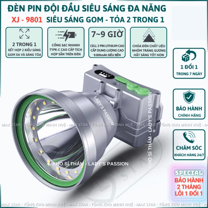 Đèn Pin Đội Đầu Siêu Sáng Đa Năng Xj9801 Siêu Sáng Gom Tỏa 2 Trong 1 Sáng Mạnh Pin Trâu Hiển Thị Pin Sạc Type C Gd231 - Lady'S Passion