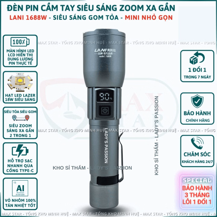 Đèn Pin Cầm Tay Siêu Sáng Mini Lani 1688W Zoom Sáng Xa Gần Hiển Thị Phần Trăm Pin Pin Trâu Chống Nước Vỏ Nhôm Cao Cấp Gd232 - Lady'S Passion