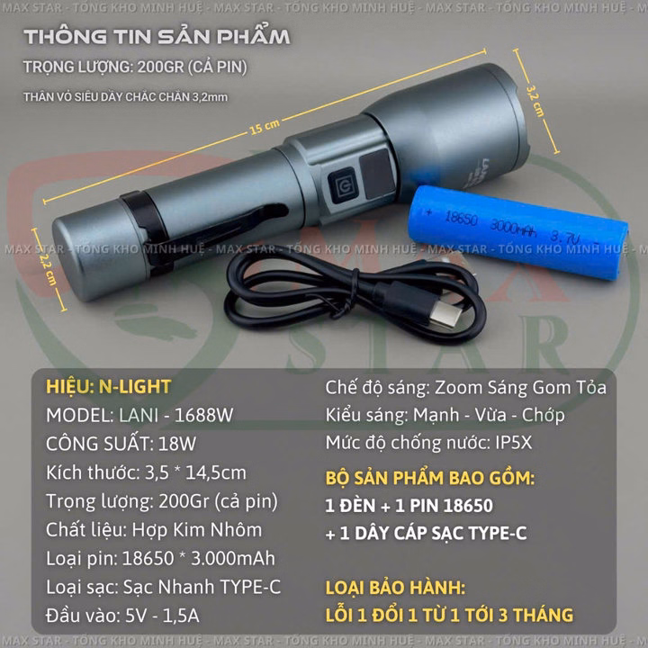 Đèn Pin Cầm Tay Siêu Sáng Mini Lani 1688W Zoom Sáng Xa Gần Hiển Thị Phần Trăm Pin Pin Trâu Chống Nước Vỏ Nhôm Cao Cấp Gd232 - Lady'S Passion - Ảnh 3