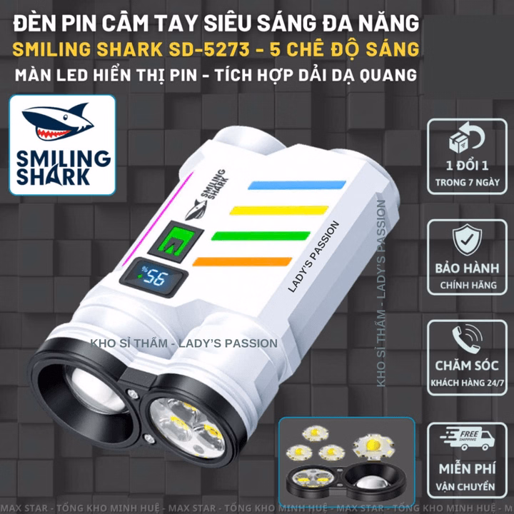 Đèn Pin Siêu Sáng Smiling Shark Sd5273 Cầm Tay 5 Chế Độ Sáng Màn Hình Led Lcd Hiển Thị Pin Tích Hợp Giải Dạ Quang Gd234 - Lady'S Passion