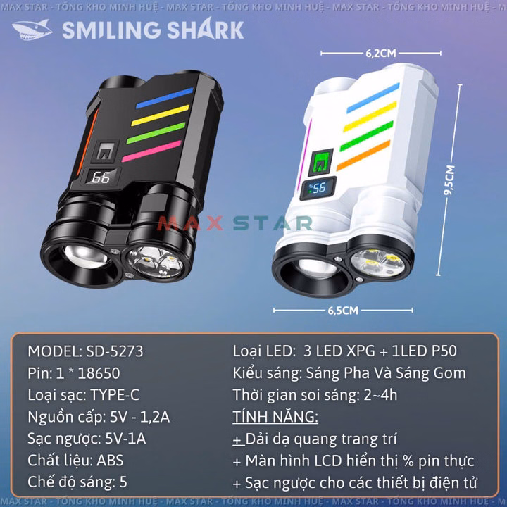 Đèn Pin Siêu Sáng Smiling Shark Sd5273 Cầm Tay 5 Chế Độ Sáng Màn Hình Led Lcd Hiển Thị Pin Tích Hợp Giải Dạ Quang Gd234 - Lady'S Passion - Ảnh 5