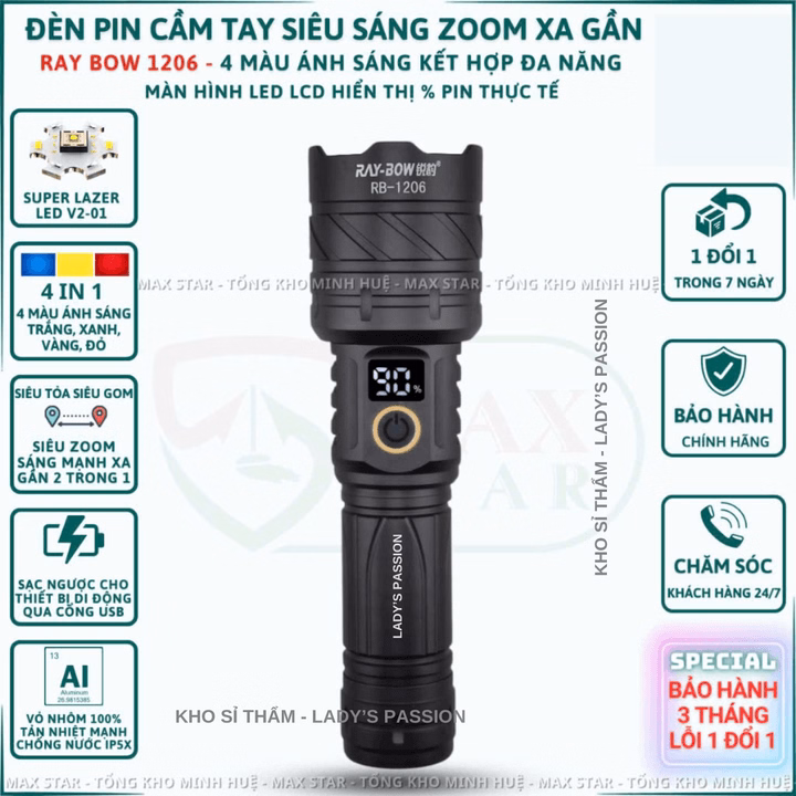 Đèn Pin Cầm Tay Siêu Sáng Raybow 1206 Zoom Xa Gần 4 Chế Độ Sáng Hiển Thị Phần Trăm Pin Sạc Ngược Cho Điện Thoại Gd236 - Lady'S Passion