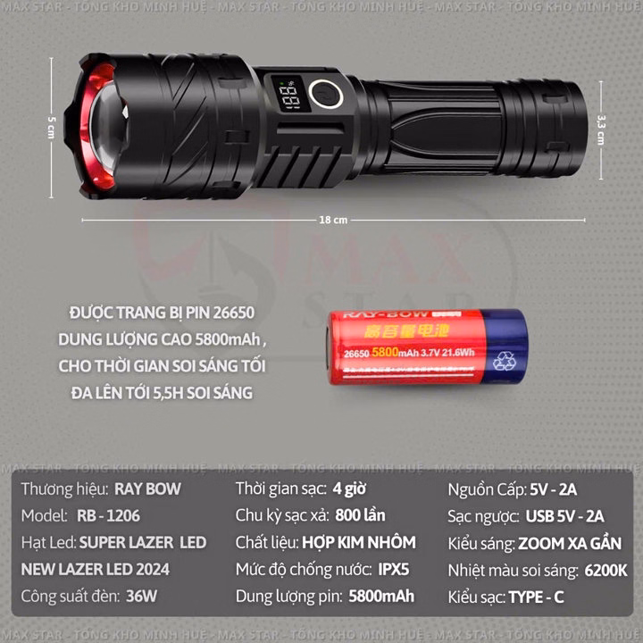Đèn Pin Cầm Tay Siêu Sáng Raybow 1206 Zoom Xa Gần 4 Chế Độ Sáng Hiển Thị Phần Trăm Pin Sạc Ngược Cho Điện Thoại Gd236 - Lady'S Passion - Ảnh 6