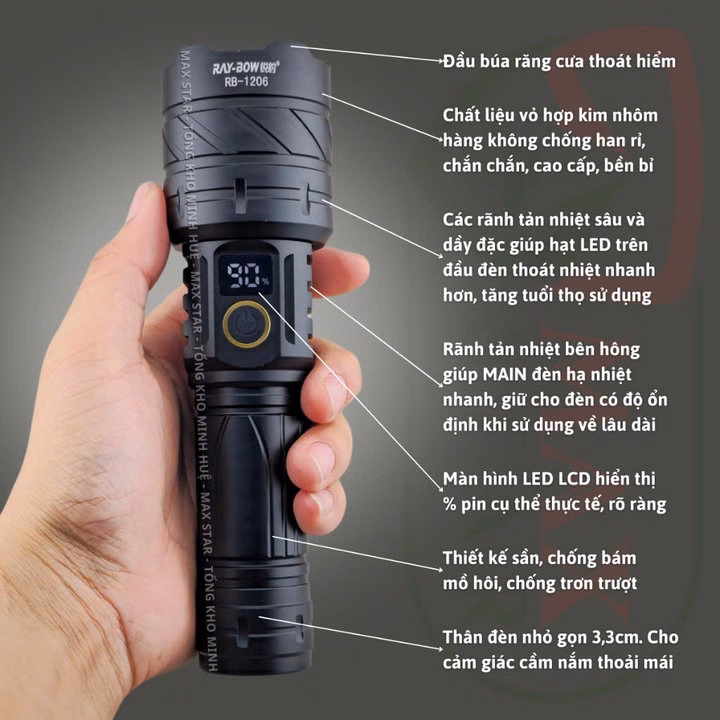 Đèn Pin Cầm Tay Siêu Sáng Raybow 1206 Zoom Xa Gần 4 Chế Độ Sáng Hiển Thị Phần Trăm Pin Sạc Ngược Cho Điện Thoại Gd236 - Lady'S Passion - Ảnh 5