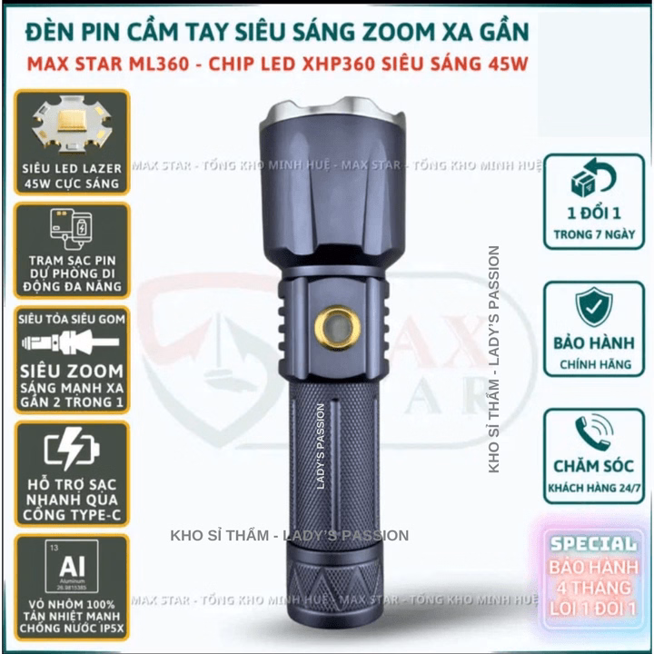 Đèn Pin Cầm Tay Siêu Sáng Maxstar Ml360 Chip Led Xhp360 Siêu Sáng Mạnh 45W Zoom Xa Gần Sạc Ngược Cho Điện Thoại Gd237 - Lady'S Passion