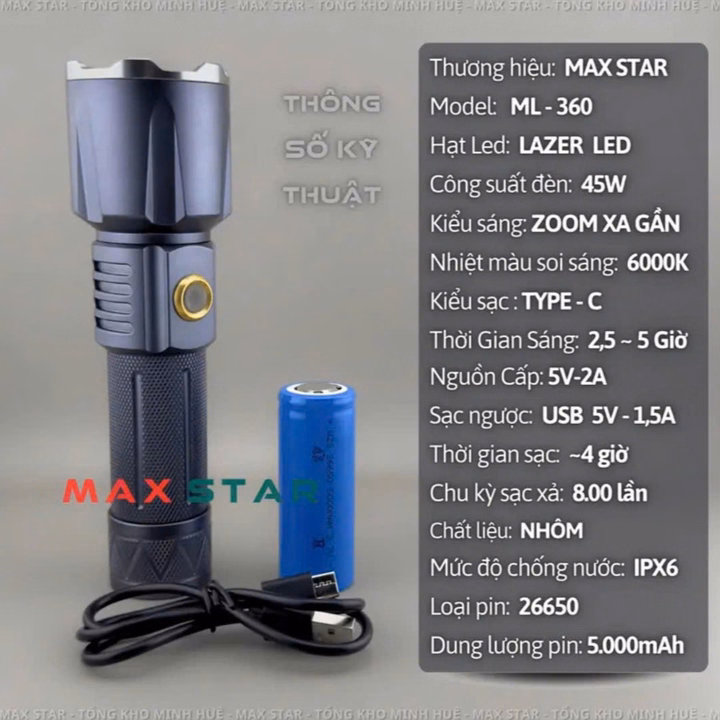 Đèn Pin Cầm Tay Siêu Sáng Maxstar Ml360 Chip Led Xhp360 Siêu Sáng Mạnh 45W Zoom Xa Gần Sạc Ngược Cho Điện Thoại Gd237 - Lady'S Passion - Ảnh 2