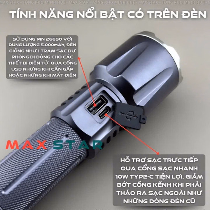 Đèn Pin Cầm Tay Siêu Sáng Maxstar Ml360 Chip Led Xhp360 Siêu Sáng Mạnh 45W Zoom Xa Gần Sạc Ngược Cho Điện Thoại Gd237 - Lady'S Passion - Ảnh 6