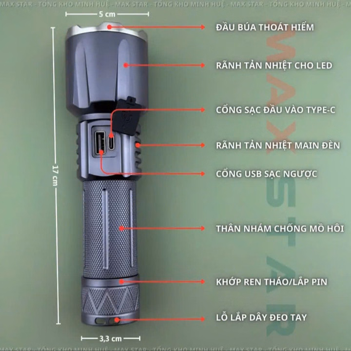 Đèn Pin Cầm Tay Siêu Sáng Maxstar Ml360 Chip Led Xhp360 Siêu Sáng Mạnh 45W Zoom Xa Gần Sạc Ngược Cho Điện Thoại Gd237 - Lady'S Passion - Ảnh 5