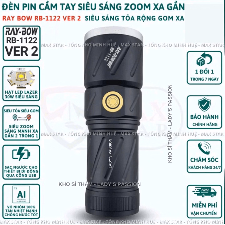 Đèn Pin Cầm Tay Siêu Sáng Raybow 1122 Chiếu Xa 700M 30W Zoom Xa Gần Chống Nước Sạc Ngược Điện Thoại Gd238 - Lady'S Passion