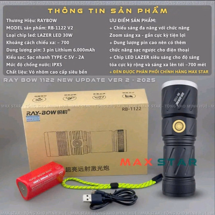 Đèn Pin Cầm Tay Siêu Sáng Raybow 1122 Chiếu Xa 700M 30W Zoom Xa Gần Chống Nước Sạc Ngược Điện Thoại Gd238 - Lady'S Passion - Ảnh 4