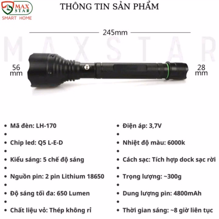 Đèn Pin Cầm Tay Siêu Sáng Cree Vỏ Inox Chống Nước Ip65 Pin Siêu Khỏe Kèm Sạc Tiện Dụng Gd050 - Lady'S Passion - Ảnh 4