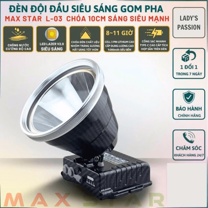 Đèn Đội Đầu Maxstar L03 Sáng Mạnh Gom Pha Pin Trâu Sạc Nhanh Gd245 - Lady'S Passion