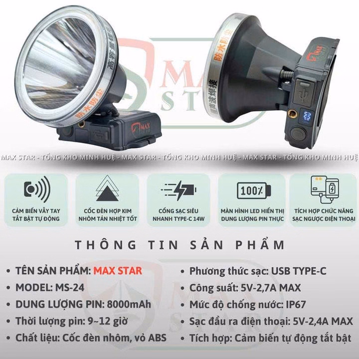 Đèn Pin Đội Đầu Maxstar Ms24 Siêu Sáng Tỏa Rộng, Cảm Biến Vẫy Tay, Sạc Ngược Đt Gd249 - Lady'S Passion - Ảnh 7