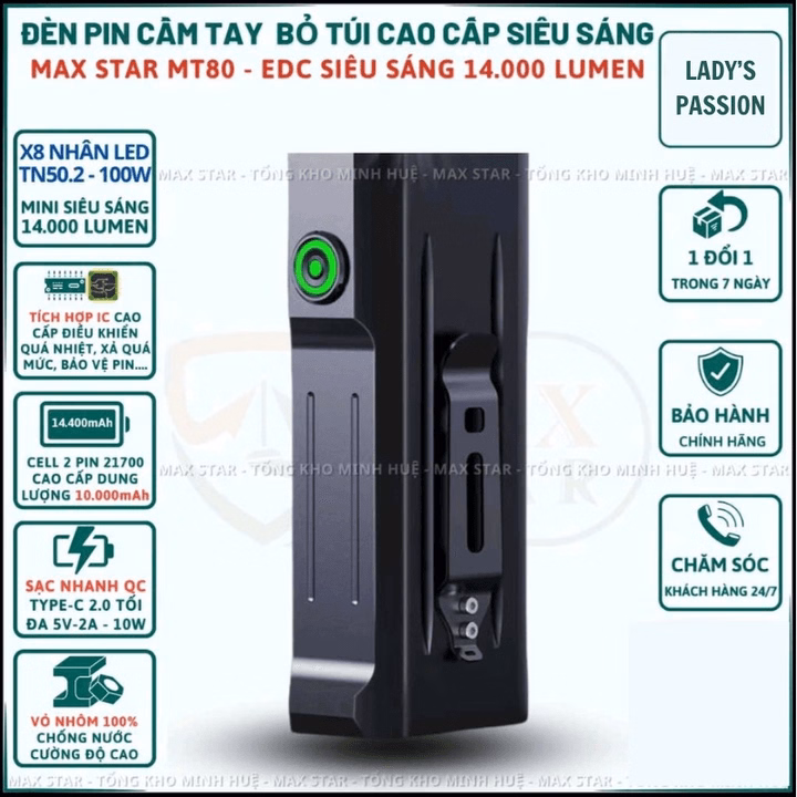 Đèn Pin Cầm Tay Maxstar Mt80 Edc Siêu Sáng Cực Mạnh 14000 Lumen, Pin 10000Amh Hỗ Trợ Sạc Ngược Đt Gd250 - Lady'S Passion