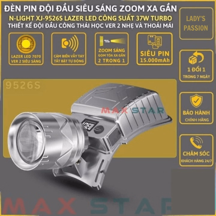 Đèn Pin Đội Đầu N-Light Xj-9526S Siêu Sáng Zoom Xa Gần, Cảm Biến Vẫy Tay, Pin 15000Mah Gd251 - Lady'S Passion