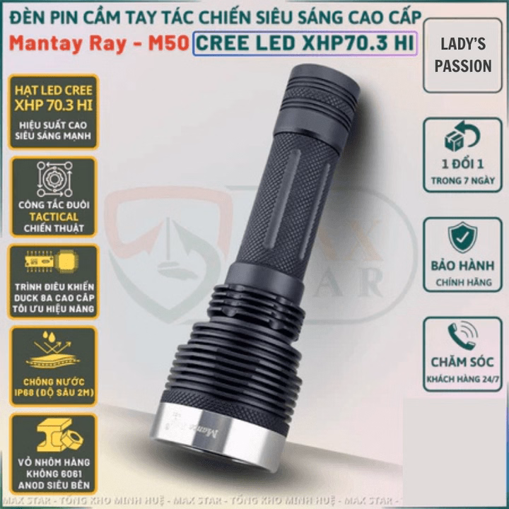 Đèn Pin Cầm Tay Manta Ray M50 Tác Chiến Siêu Sáng Led Xhp70.3 Hi, Chống Nước Ip68 Pin 21700 Cao Cấp Gd252 - Lady'S Passion
