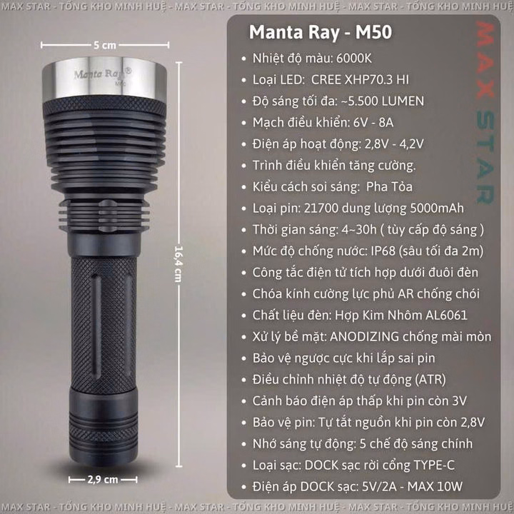 Đèn Pin Cầm Tay Manta Ray M50 Tác Chiến Siêu Sáng Led Xhp70.3 Hi, Chống Nước Ip68 Pin 21700 Cao Cấp Gd252 - Lady'S Passion - Ảnh 2