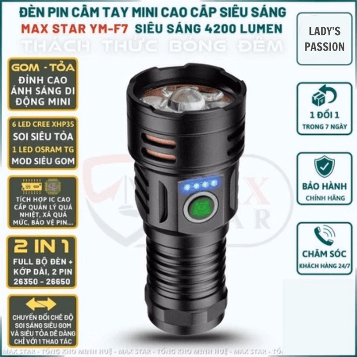 Đèn Pin Cầm Tay Maxstar Ymf7 Cao Cấp Chống Nước Ipx7, Độ Sáng 4200 Lumen Pin Trâu Gd253 - Lady'S Passion