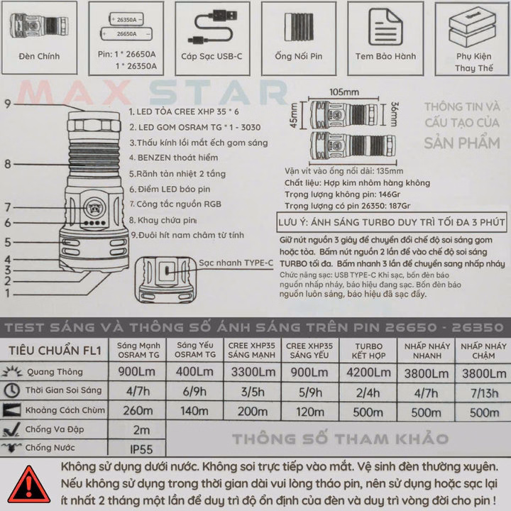 Đèn Pin Cầm Tay Maxstar Ymf7 Cao Cấp Chống Nước Ipx7, Độ Sáng 4200 Lumen Pin Trâu Gd253 - Lady'S Passion - Ảnh 7