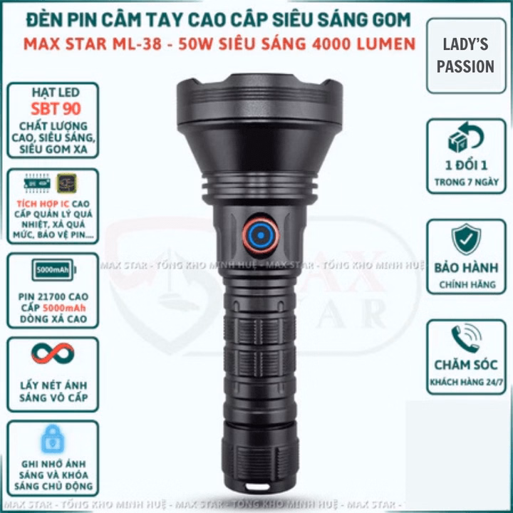 Đèn Pin Cầm Tay Maxstar Ml38 Siêu Sáng Soi Xa 1200M, Độ Sáng 4000 Lumen Chống Nước Ipx6 Gd257 - Lady'S Passion