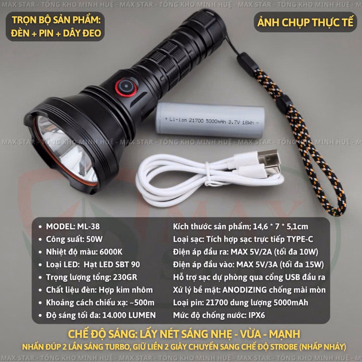 Đèn Pin Cầm Tay Maxstar Ml38 Siêu Sáng Soi Xa 1200M, Độ Sáng 4000 Lumen Chống Nước Ipx6 Gd257 - Lady'S Passion - Ảnh 7