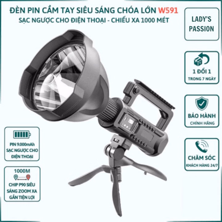 Đèn Pin Cầm Tay W591 Chóa Lớn Siêu Sáng Chiếu Xa 1000M Pin 9000Mah Có Chân Đế Tháo Rời Sạc Ngược Đt Gd258 - Lady'S Passion